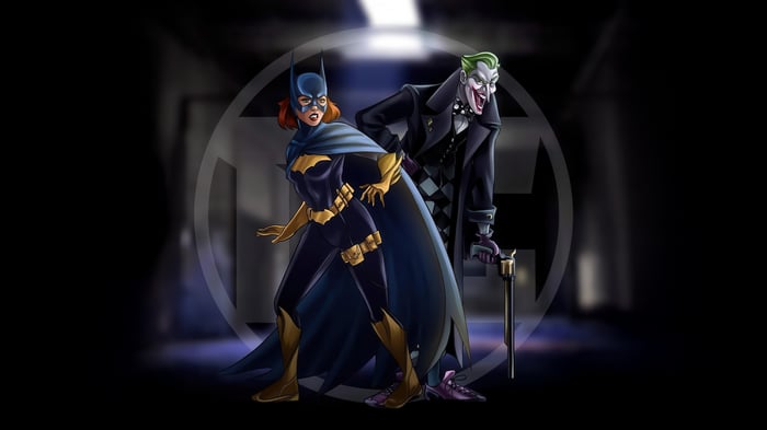 Batgirl and Joker in a dark hallway