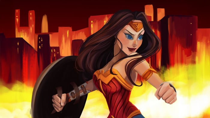 Wonder Woman in a burning city