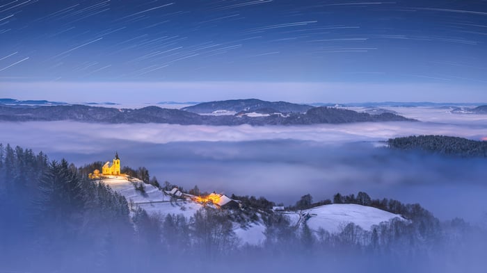 Church in Fog with Star Trails