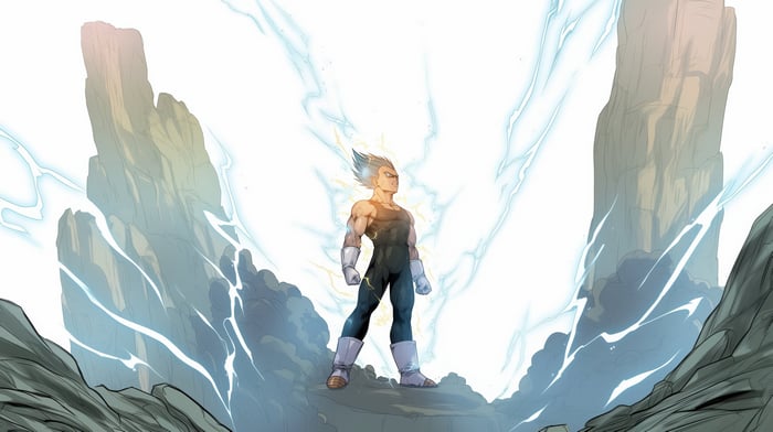 Vegeta powers up amidst rocky spires and lightning