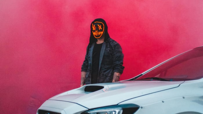 Man in Purge Mask and White Car