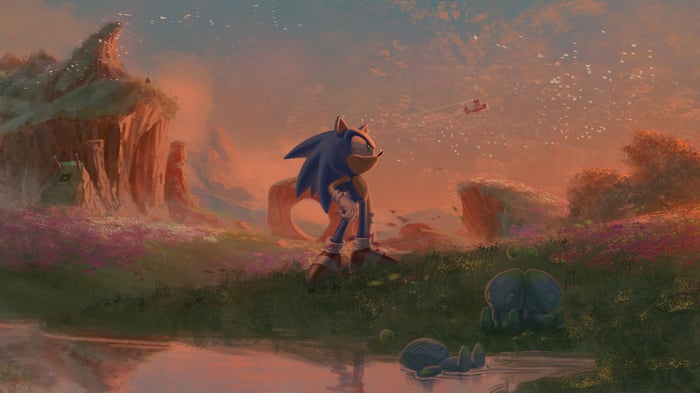 Sonic The Hedgehog in a colorful landscape
