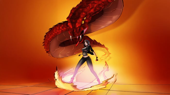 Luci from Hexed confronts a giant red snake