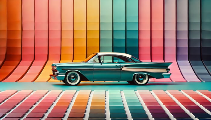 Retro gradient ride with a teal vintage car