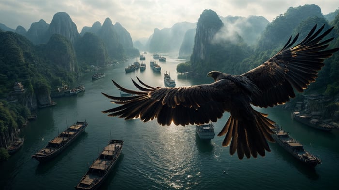 Eagle Soaring Above Ancient World with Ships