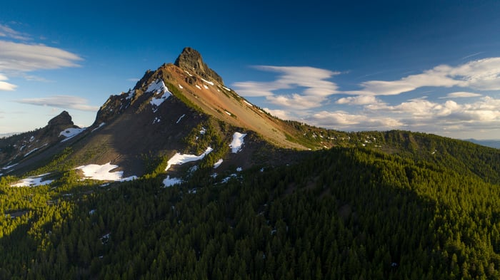 Snow-dusted mountain peak with evergreen forest