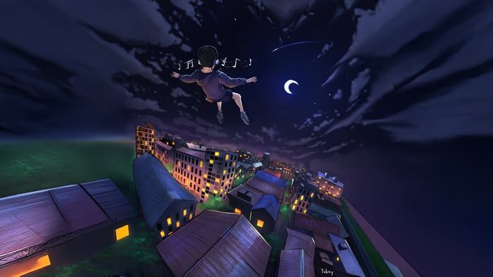 Person flying through the night sky over a city