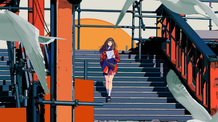 Woman walking up stairs with papers