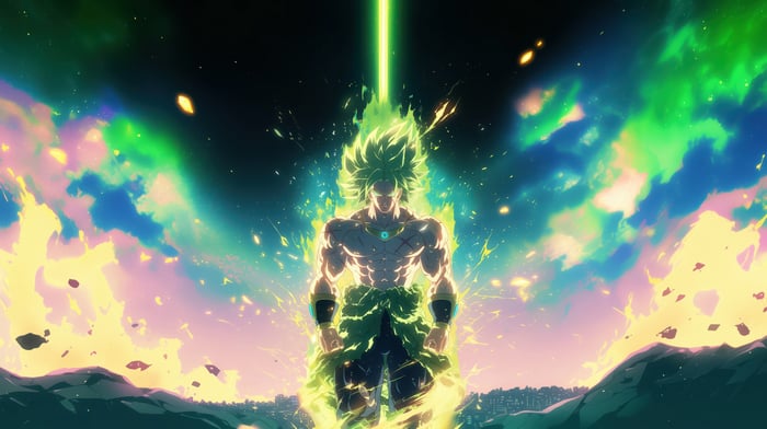 Broly powers up with a green energy beam