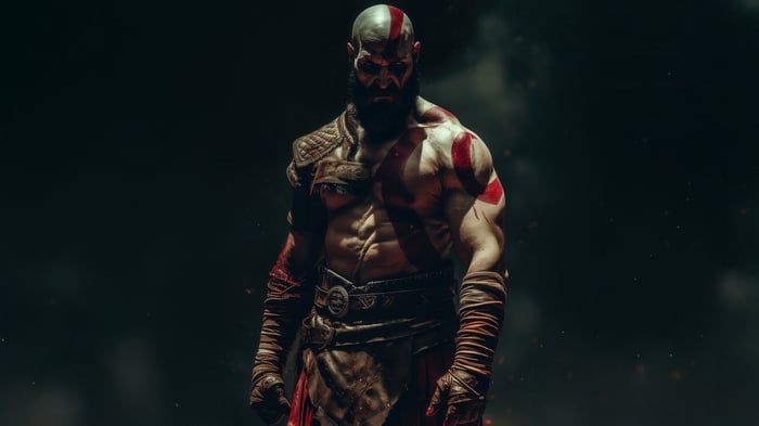 Kratos, the Spartan warrior, stands with a stern expression.