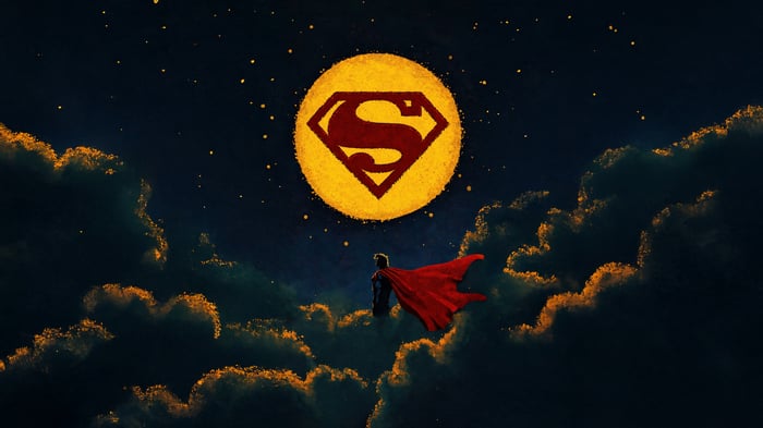 Superman flying towards the S-shield moon