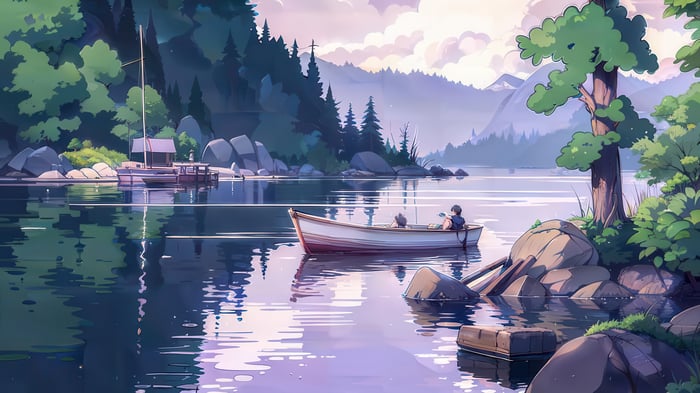 Boat on a calm lake with mountains