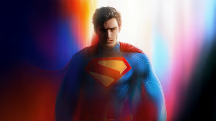 Superman in a red and blue suit with a cape