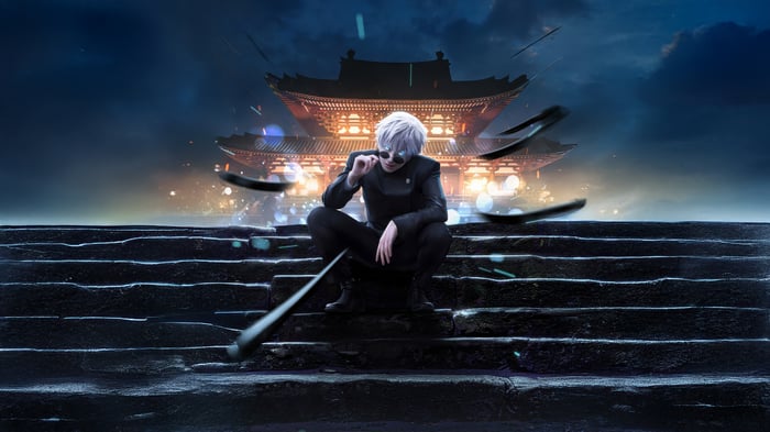 Gojo Satoru Crouching on Steps with Temple Background
