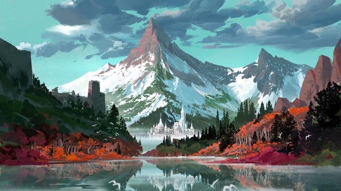 Red Forest Mountain Landscape with Castle