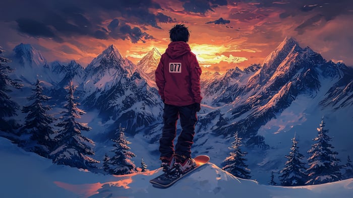 Snowboarder overlooking snowy mountains at sunset