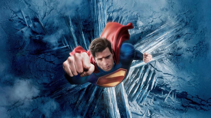 Superman flying through ice cave