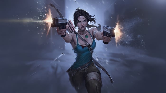 Lara Croft in action with guns and bow