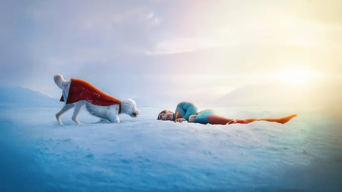 Superman and Krypto in a snowy landscape