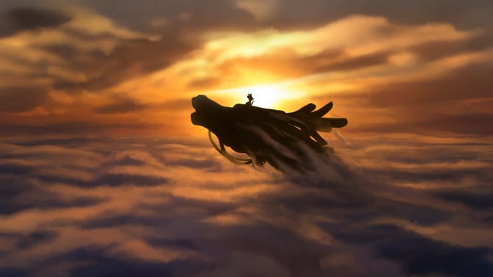 Goku riding a dragon through clouds at sunset
