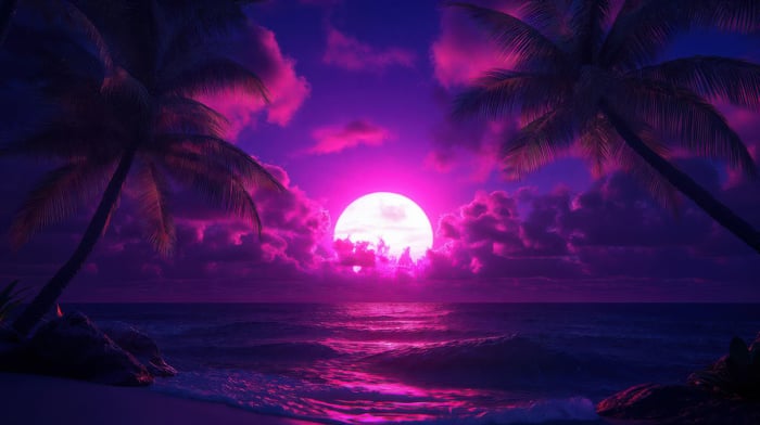 Pink Moon Over The Pacific Ocean