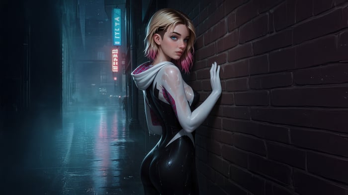Ghost Spider leaning against a brick wall in a neon-lit alley