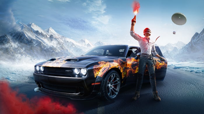 PUBG character with Dodge car in snowy mountains
