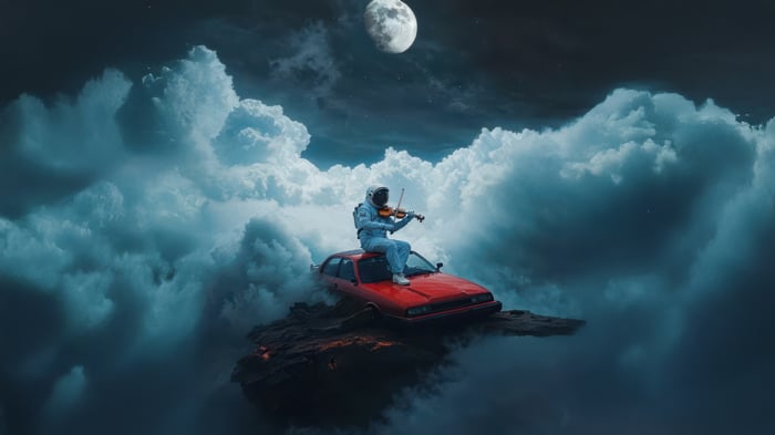 Astronaut playing violin on a red car in clouds