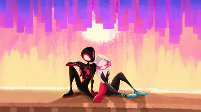 Miles Morales and Gwen Stacy sitting together