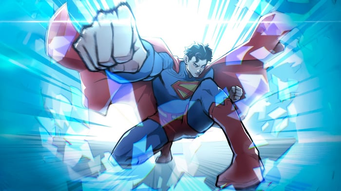 Superman breaking through a blue crystalline barrier