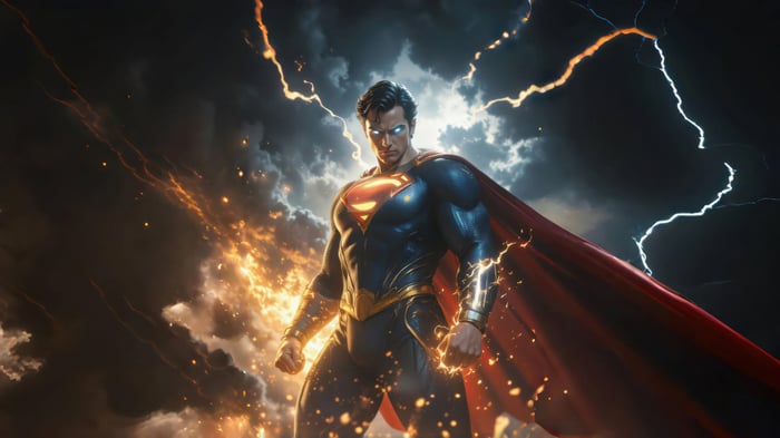 Superman in a stormy sky with lightning