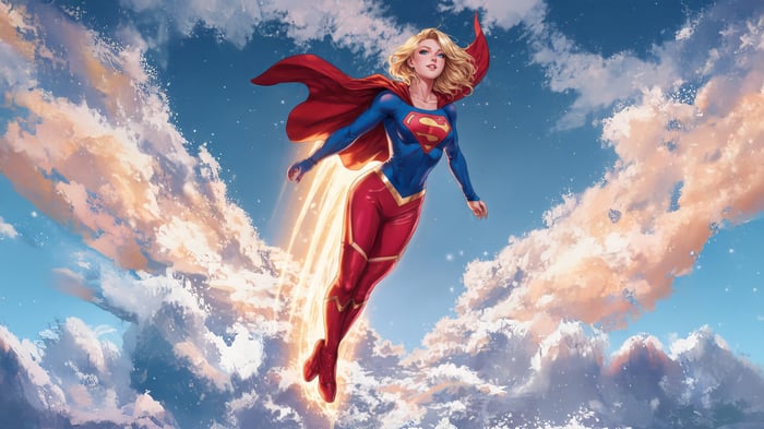 Supergirl flying through clouds