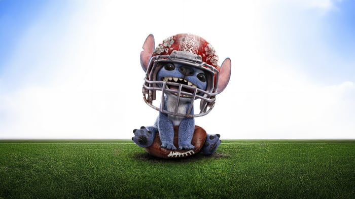 Stitch in a Football Helmet on a Field