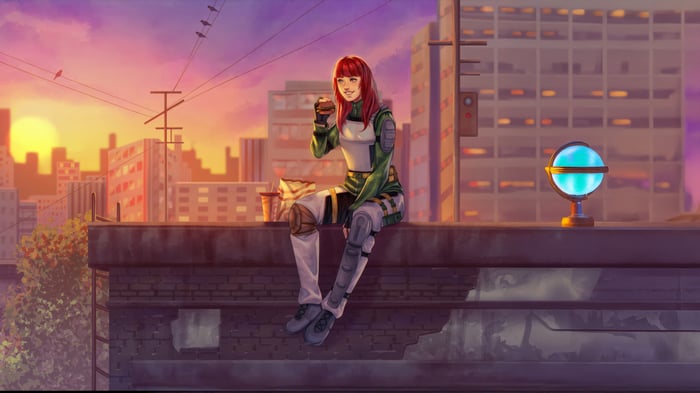 Girl eating a burger on a rooftop at sunset