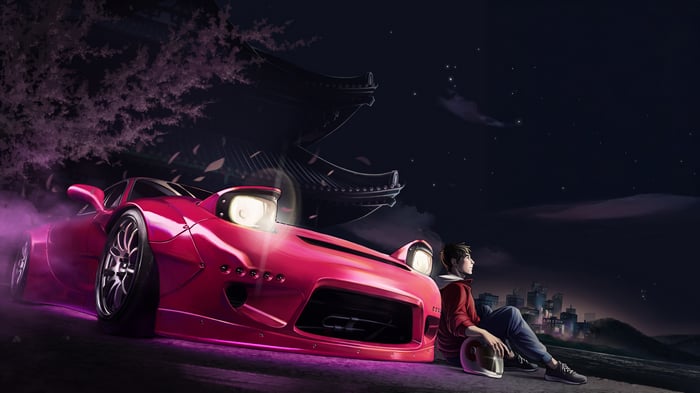 Pink JDM Car and Man Under Cherry Blossoms at Night