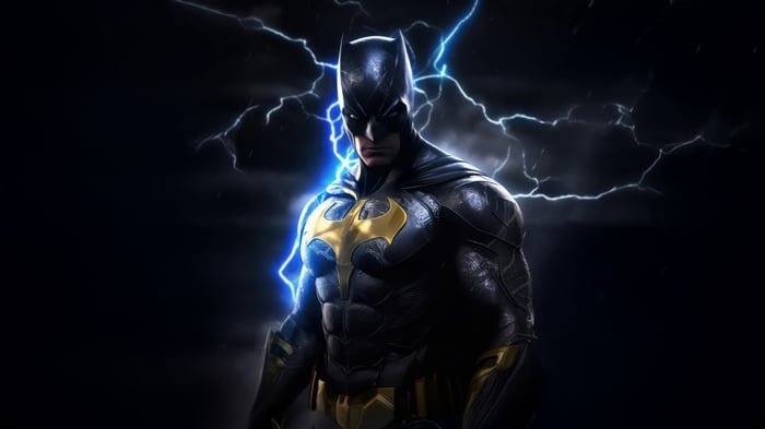 Batman in a dark, stormy night with lightning