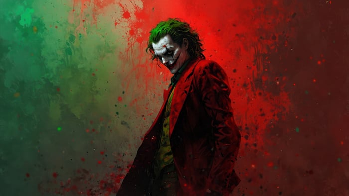 Joker in a red suit with green hair