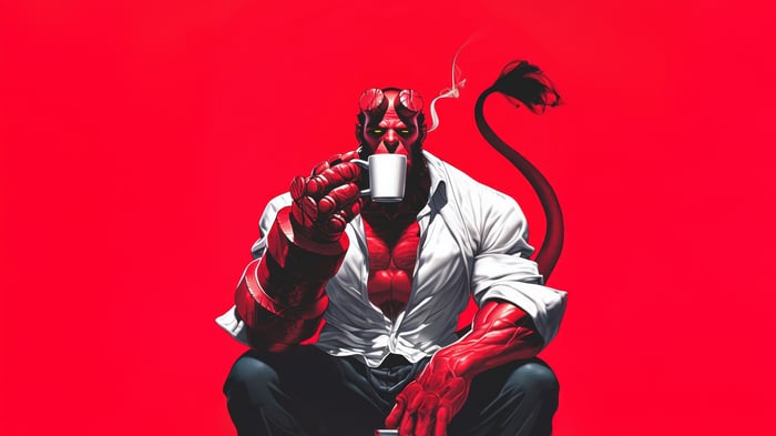 Hellboy Drinking Coffee on Red Background