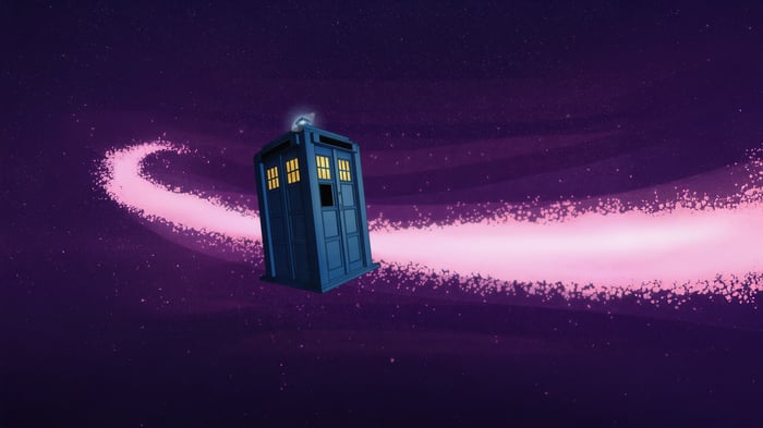 TARDIS traveling through a pink cosmic trail