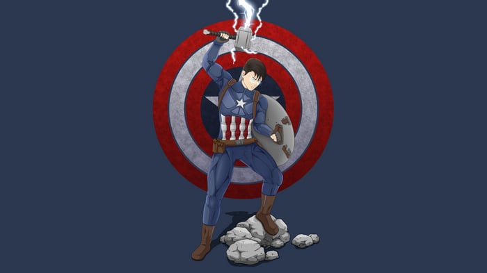 Anime Captain America holding Thor's Hammer