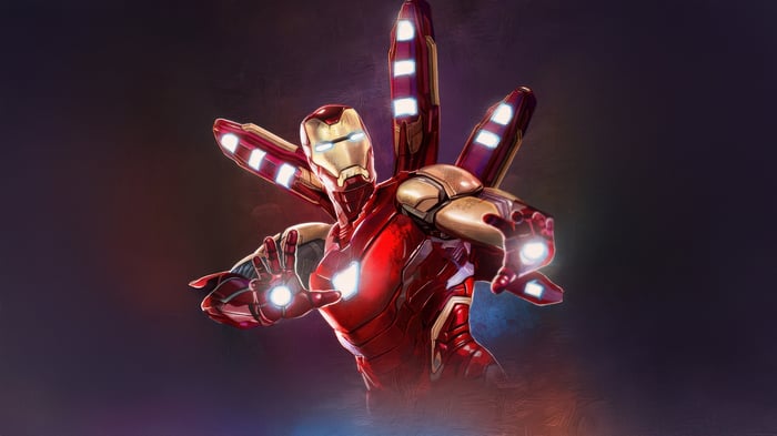 Iron Man with repulsor rays and wing-like devices