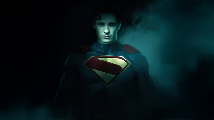 Superman in a dark, smoky environment