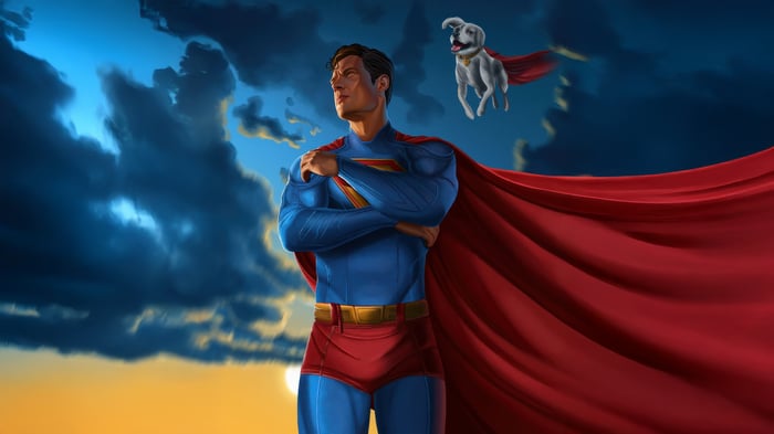 Superman and Krypto the Superdog in the sky