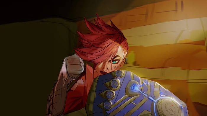 Arcane Vi holding a shield