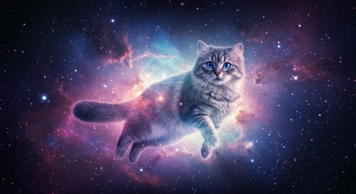 Cat floating in a colorful galaxy