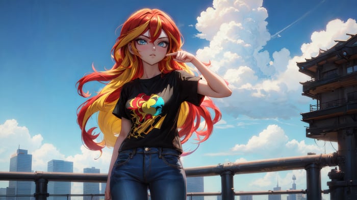 Anime girl with multi-colored hair on a rooftop