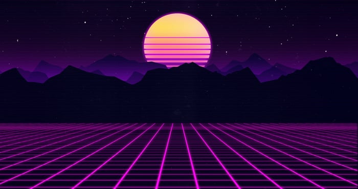Retrowave Outrun Mountains and Grid Landscape