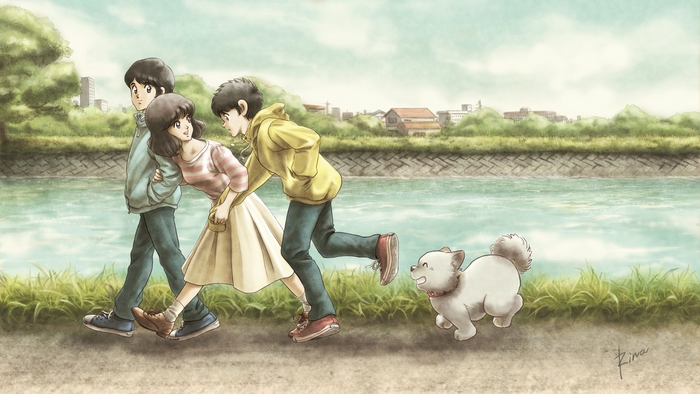 Tatsuya, Kazuya, and Minami walk with a dog
