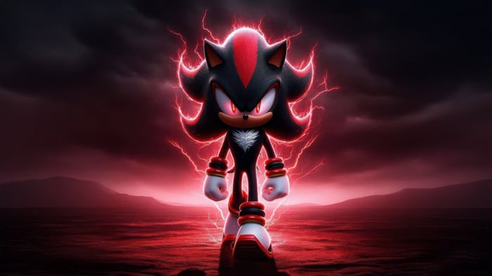 Shadow the Hedgehog surrounded by red lightning