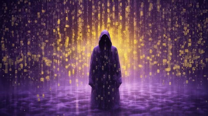 Figure in a digital rain of binary code